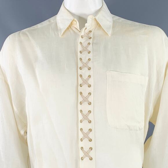 BYBLOS Size L Cream Gold Embroidery Linen One Pocket Long Sleeve Shirt - Picture 2 of 13